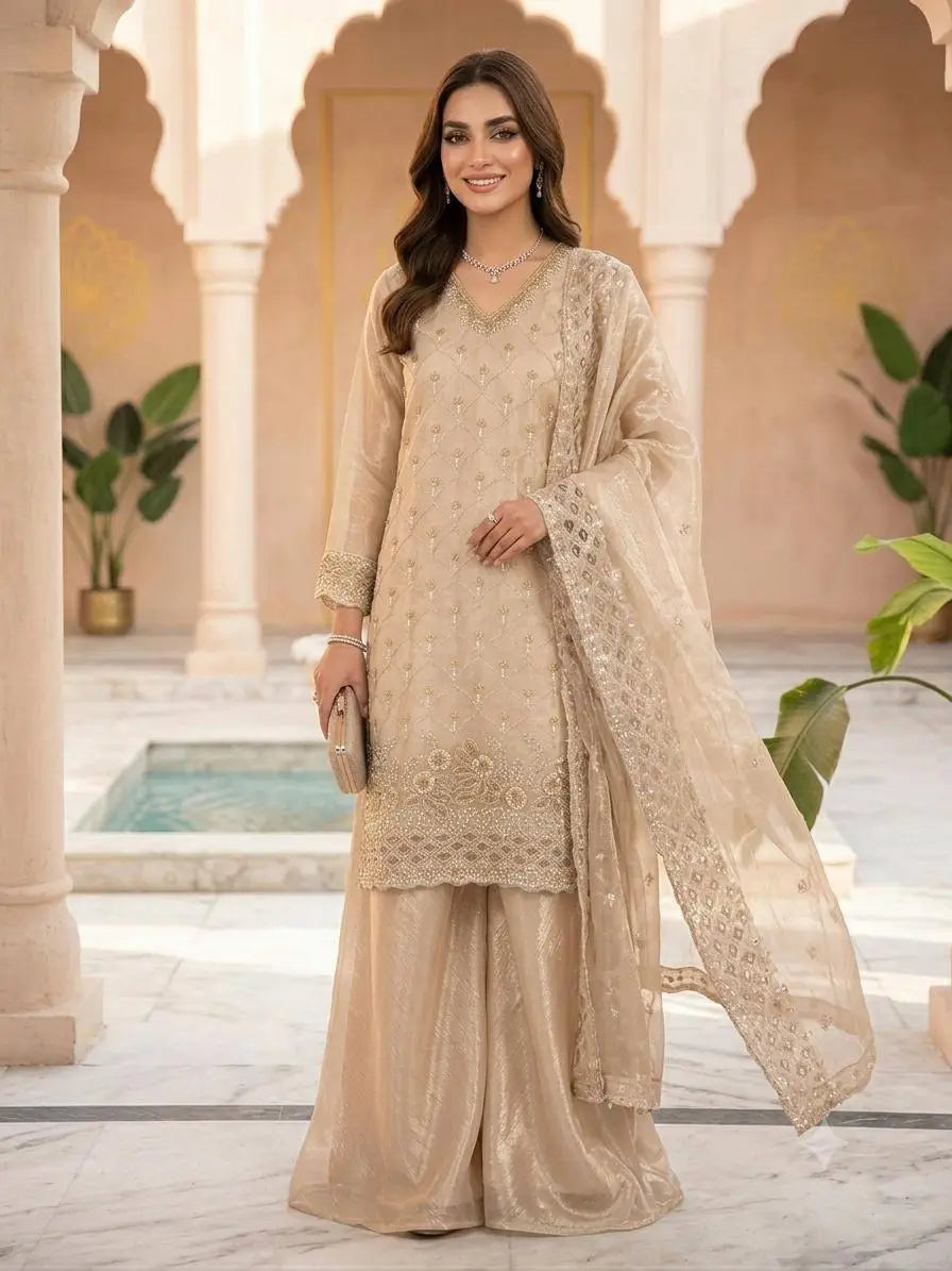 Elegant Hand Beaded Embroidered Palazzo Suit Set for Festive and Family Functions