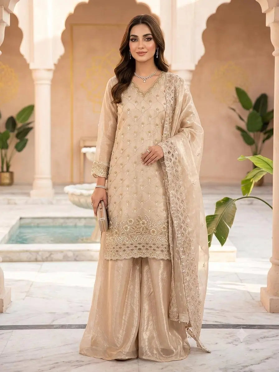 Elegant Hand Beaded Embroidered Palazzo Suit Set for Festive and Family Functions