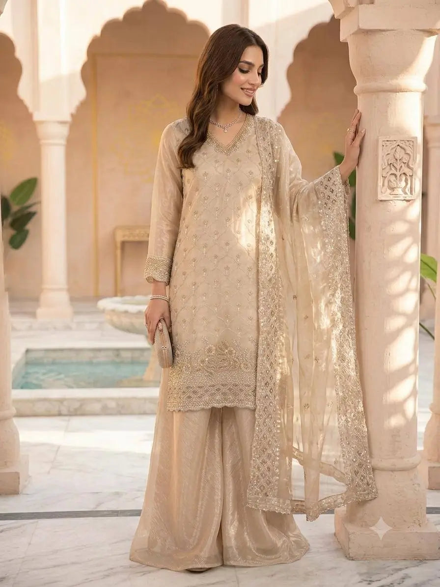 Elegant Hand Beaded Embroidered Palazzo Suit Set for Festive and Family Functions