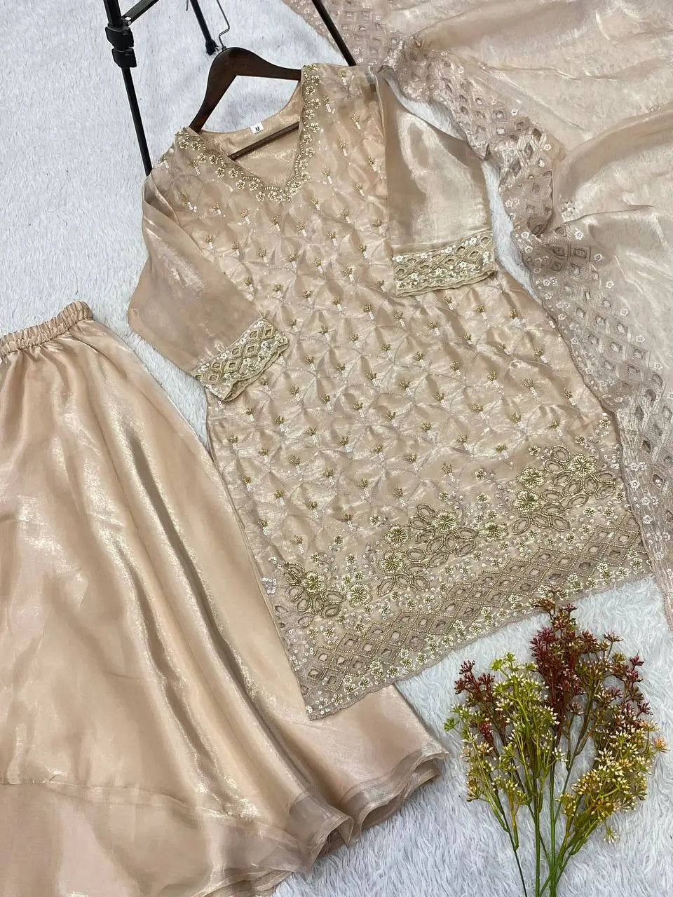 Elegant Hand Beaded Embroidered Palazzo Suit Set for Festive and Family Functions