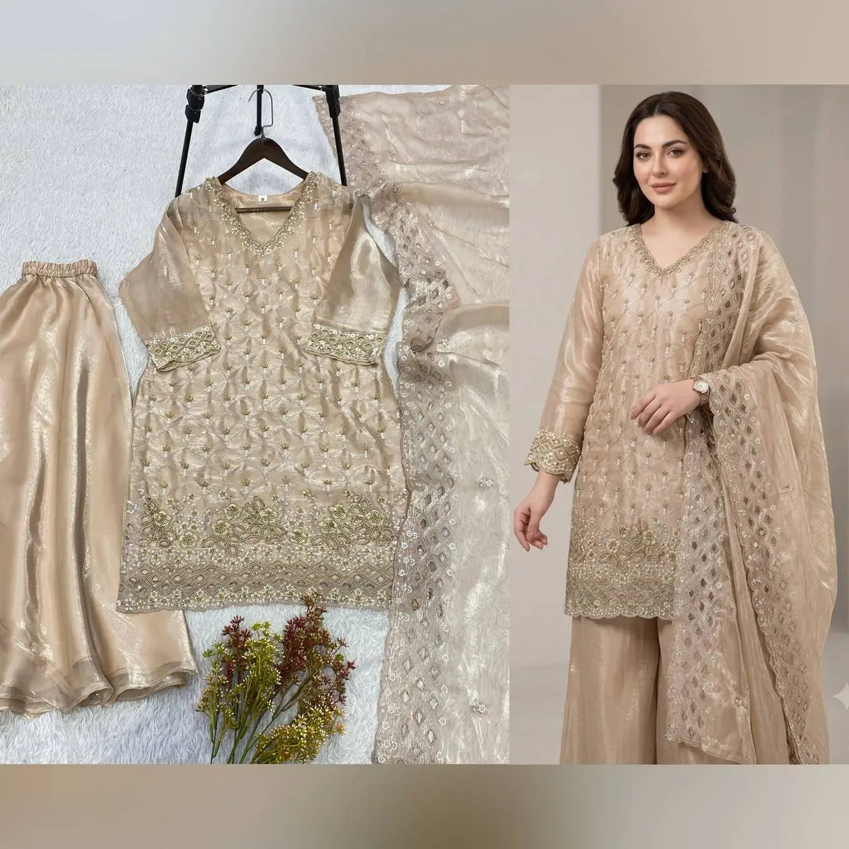 Elegant Hand Beaded Embroidered Palazzo Suit Set for Festive and Family Functions