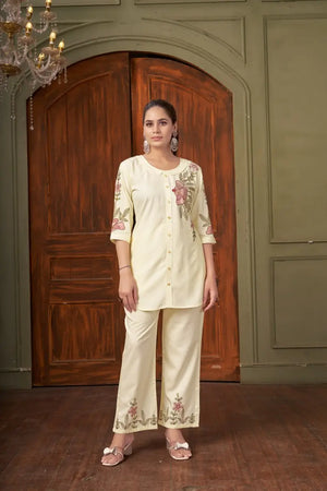 Elegant Heavy Rayon Embroidered Co-Ord Set – Stylish Two-Piece Outfit with Straight Pants