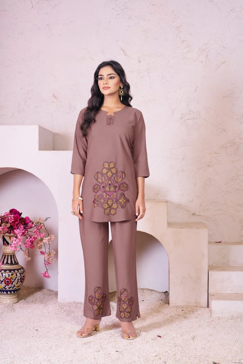 Elegant Heavy Rayon Embroidered Co-Ord Set – Stylish Two-Piece Outfit with Straight Pants