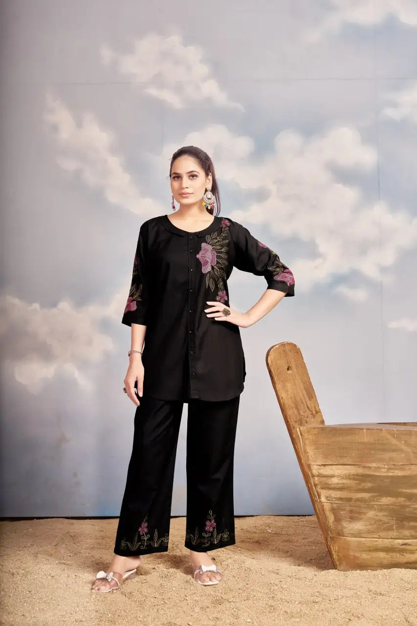 Elegant Heavy Rayon Embroidered Co-Ord Set – Stylish Two-Piece Outfit with Straight Pants