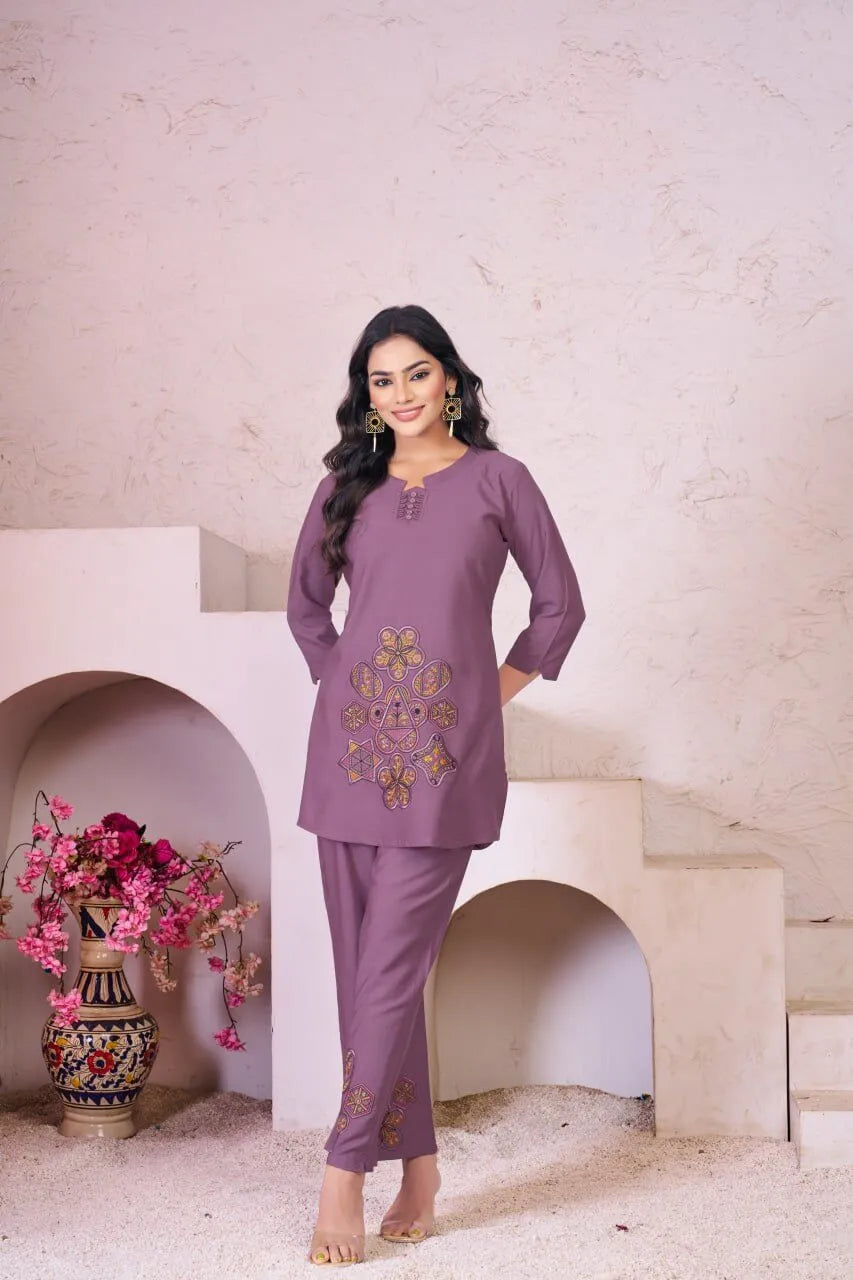 Elegant Heavy Rayon Embroidered Co-Ord Set – Stylish Two-Piece Outfit with Straight Pants