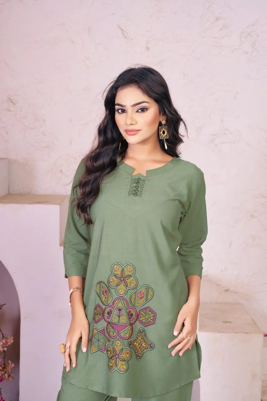 Elegant Heavy Rayon Embroidered Co-Ord Set – Stylish Two-Piece Outfit with Straight Pants