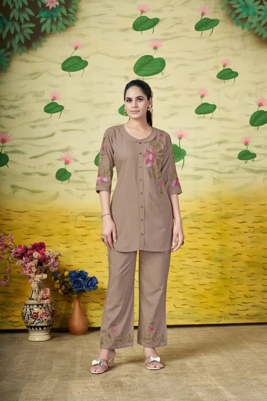 Elegant Heavy Rayon Embroidered Co-Ord Set – Stylish Two-Piece Outfit with Straight Pants