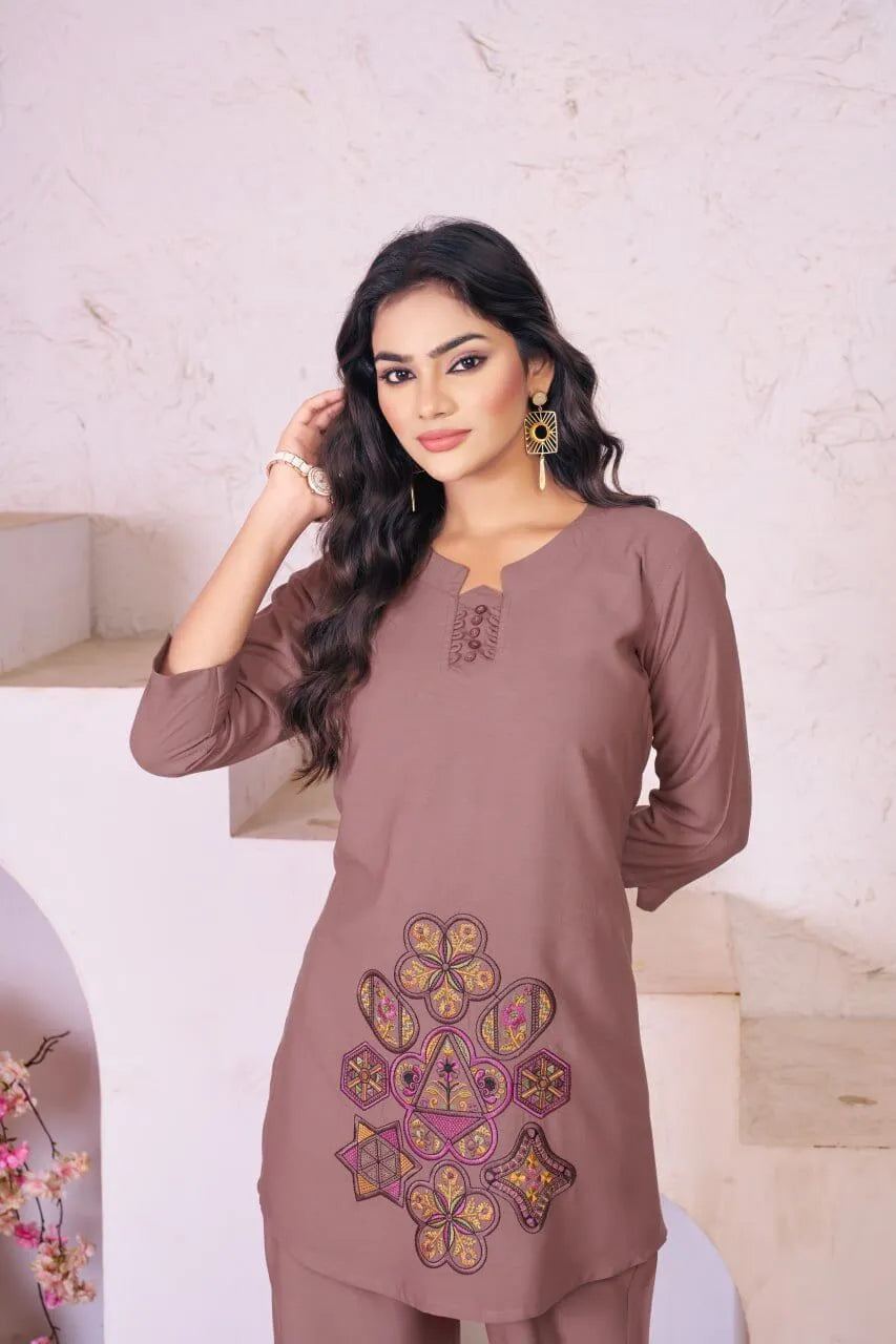 Elegant Heavy Rayon Embroidered Co-Ord Set – Stylish Two-Piece Outfit with Straight Pants