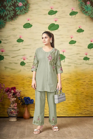 Elegant Heavy Rayon Embroidered Co-Ord Set – Stylish Two-Piece Outfit with Straight Pants