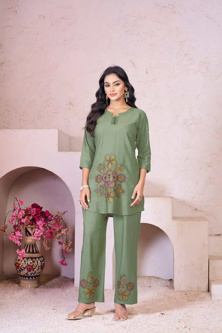 Elegant Heavy Rayon Embroidered Co-Ord Set – Stylish Two-Piece Outfit with Straight Pants