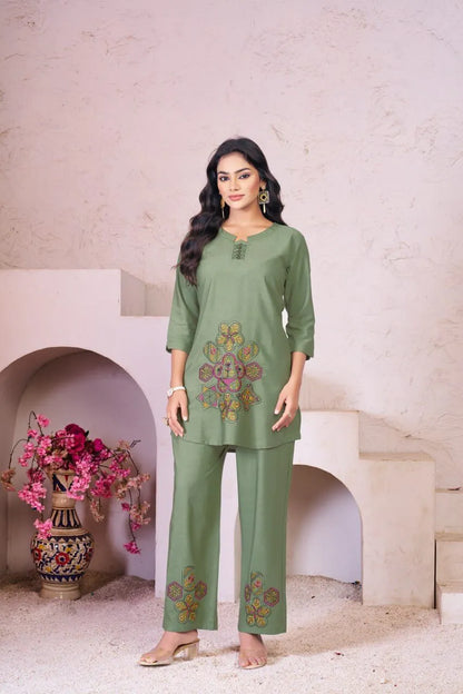 Elegant Heavy Rayon Embroidered Co-Ord Set – Stylish Two-Piece Outfit with Straight Pants