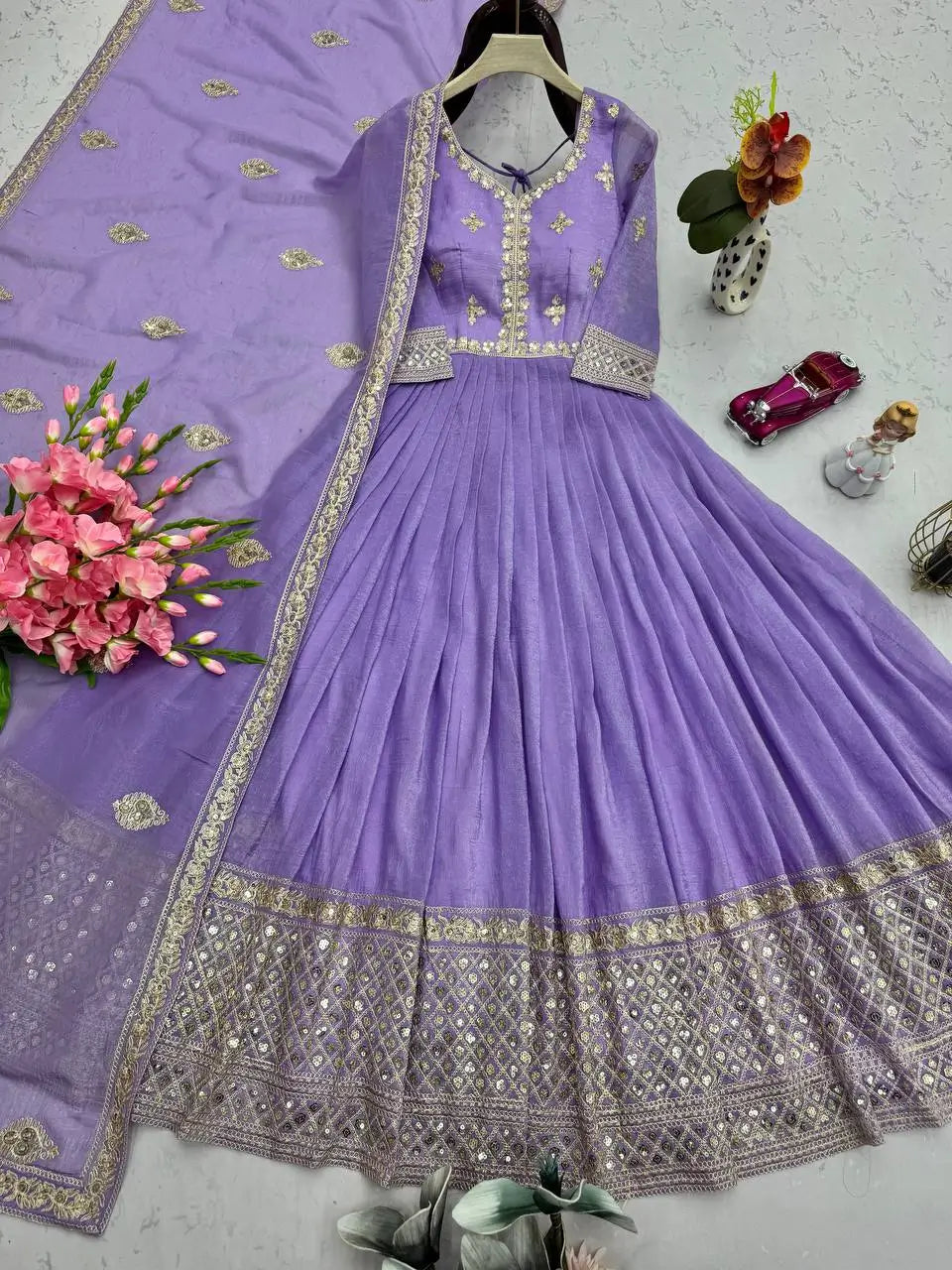 Elegant Heavy Shimmer Silk Gown with Dupatta – Embroidery Sequins Work, 3.5 Meter Flair, Fully Stitched