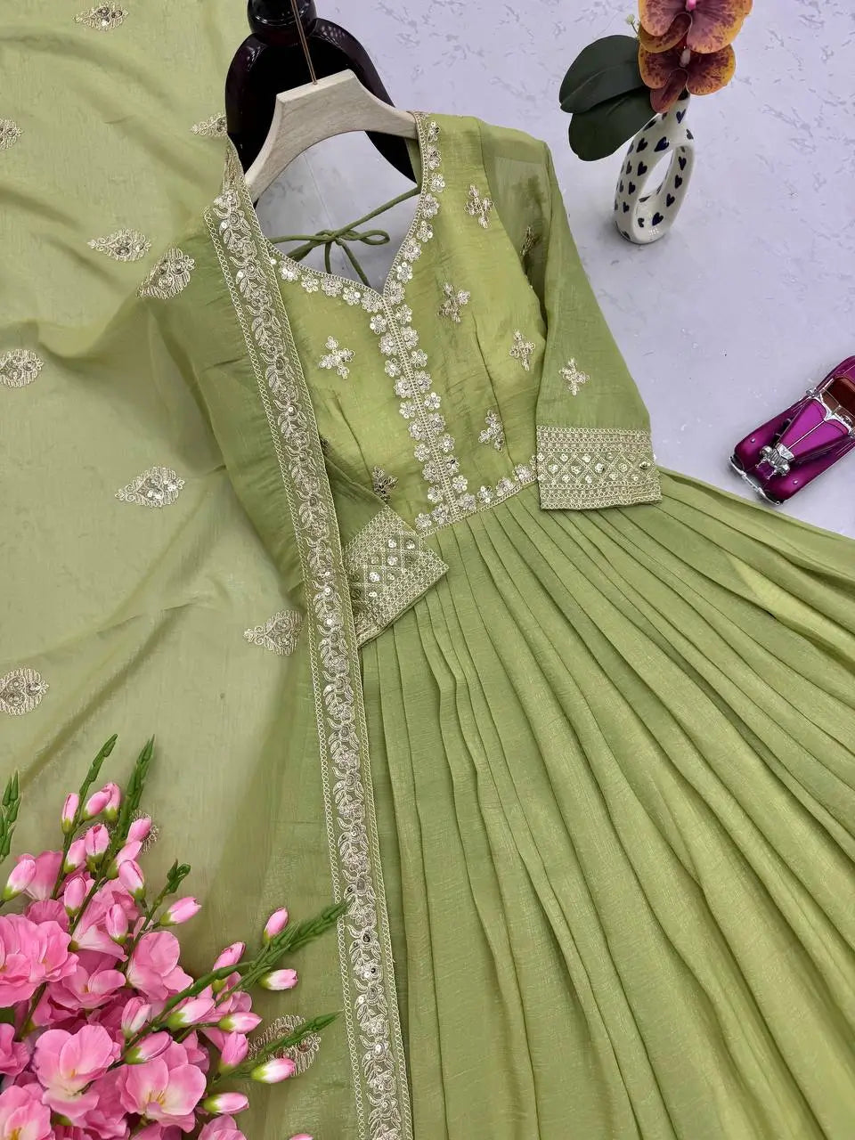 Elegant Heavy Shimmer Silk Gown with Dupatta – Embroidery Sequins Work, 3.5 Meter Flair, Fully Stitched