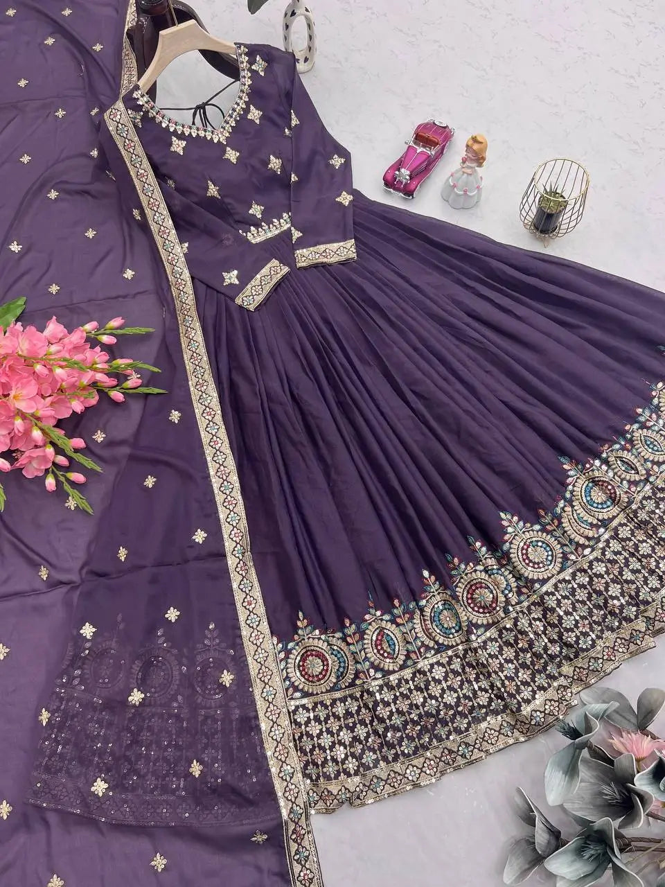 Elegant Heavy Shimmer Silk Gown with Dupatta – Embroidery Sequins Work, 3.5 Meter Flair, Fully Stitched