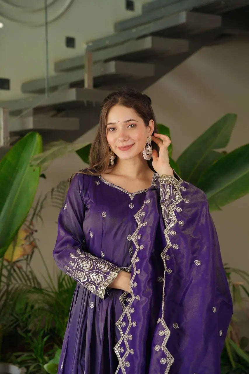 Elegant Heavy Shimmer Silk Gown with Dupatta – Embroidery Sequins Work, 3.5 Meter Flair, Fully Stitched