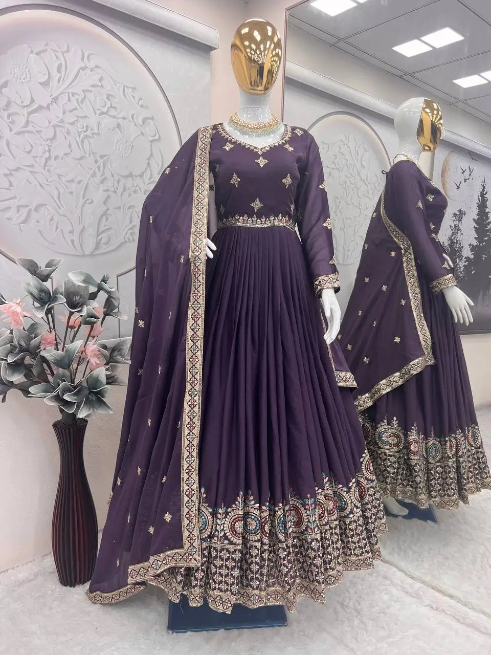 Elegant Heavy Shimmer Silk Gown with Dupatta – Embroidery Sequins Work, 3.5 Meter Flair, Fully Stitched