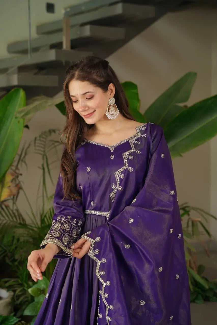 Elegant Heavy Shimmer Silk Gown with Dupatta – Embroidery Sequins Work, 3.5 Meter Flair, Fully Stitched