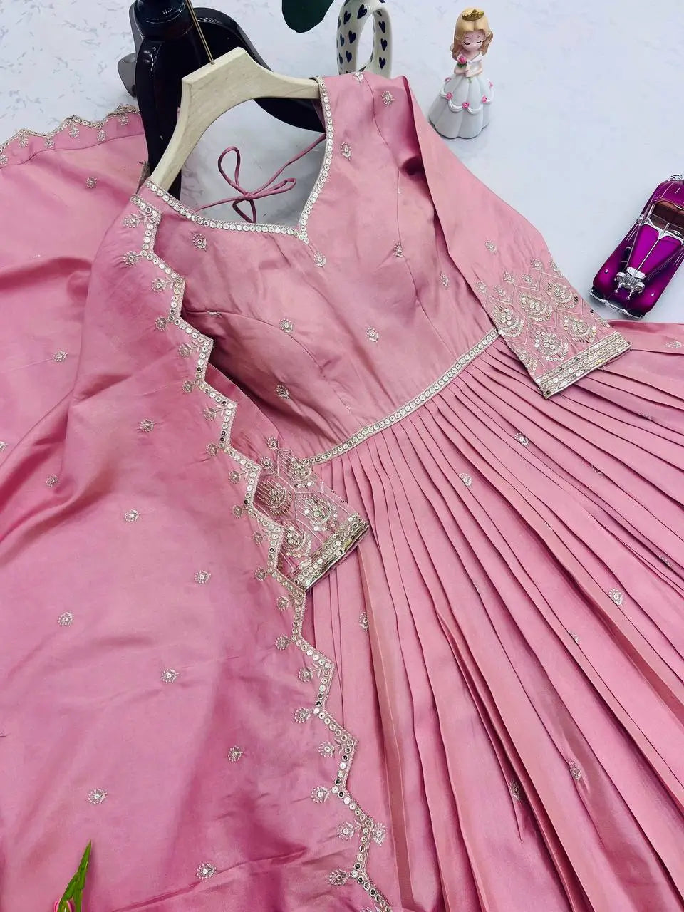 Elegant Heavy Shimmer Silk Gown with Dupatta – Embroidery Sequins Work, 3.5 Meter Flair, Fully Stitched