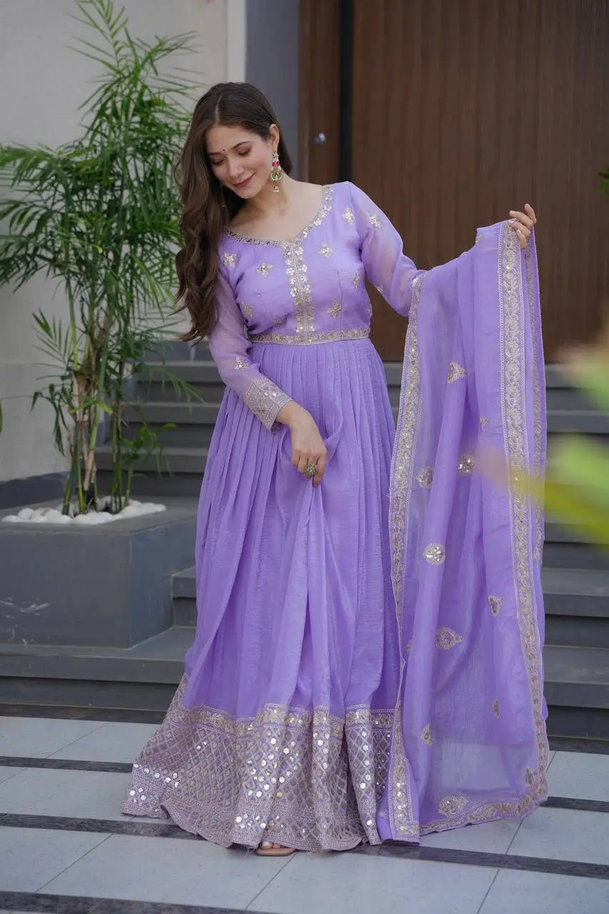 Elegant Heavy Shimmer Silk Gown with Dupatta – Embroidery Sequins Work, 3.5 Meter Flair, Fully Stitched