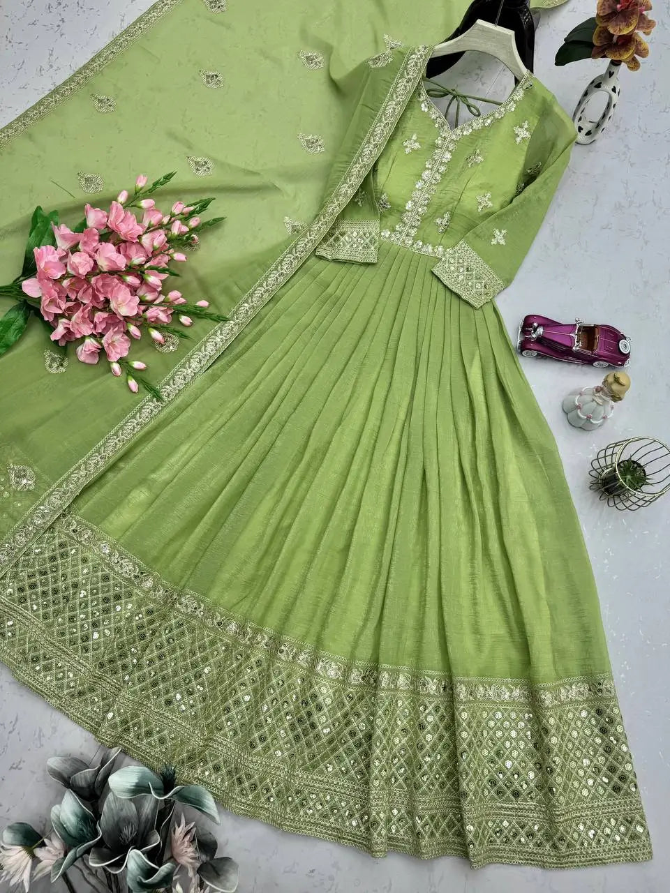 Elegant Heavy Shimmer Silk Gown with Dupatta – Embroidery Sequins Work, 3.5 Meter Flair, Fully Stitched
