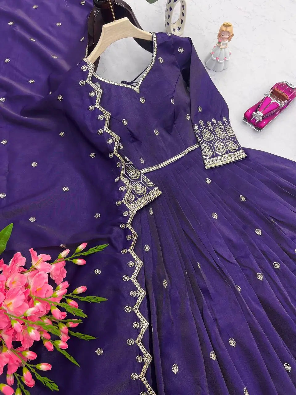 Elegant Heavy Shimmer Silk Gown with Dupatta – Embroidery Sequins Work, 3.5 Meter Flair, Fully Stitched