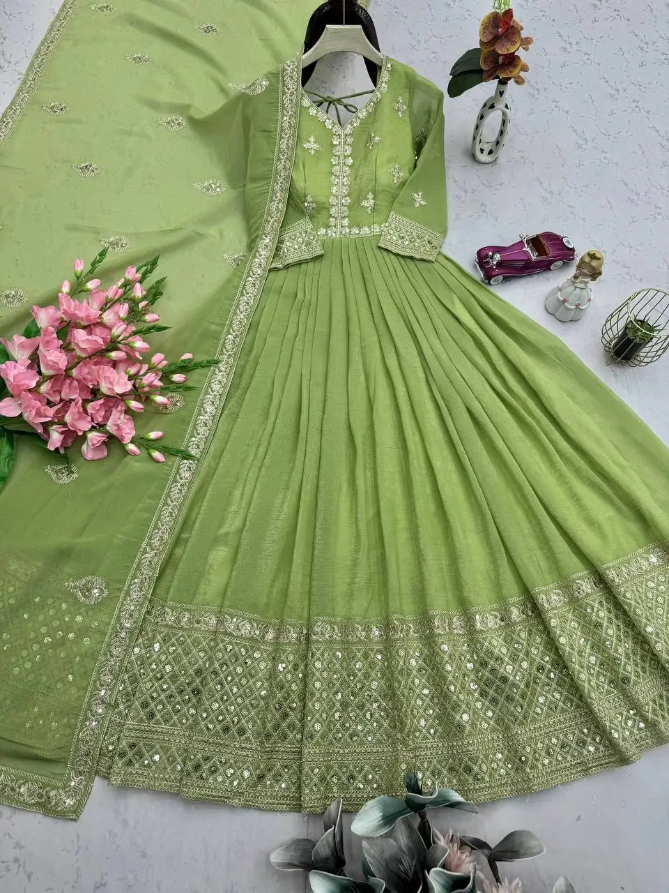 Elegant Heavy Shimmer Silk Gown with Dupatta – Embroidery Sequins Work, 3.5 Meter Flair, Fully Stitched