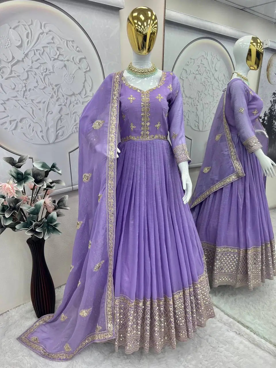 Elegant Heavy Shimmer Silk Gown with Dupatta – Embroidery Sequins Work, 3.5 Meter Flair, Fully Stitched