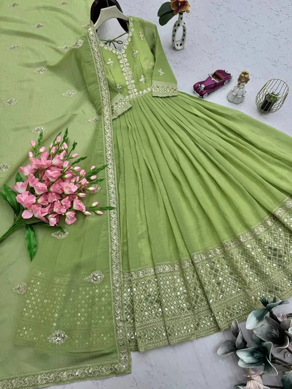 Elegant Heavy Shimmer Silk Gown with Dupatta – Embroidery Sequins Work, 3.5 Meter Flair, Fully Stitched