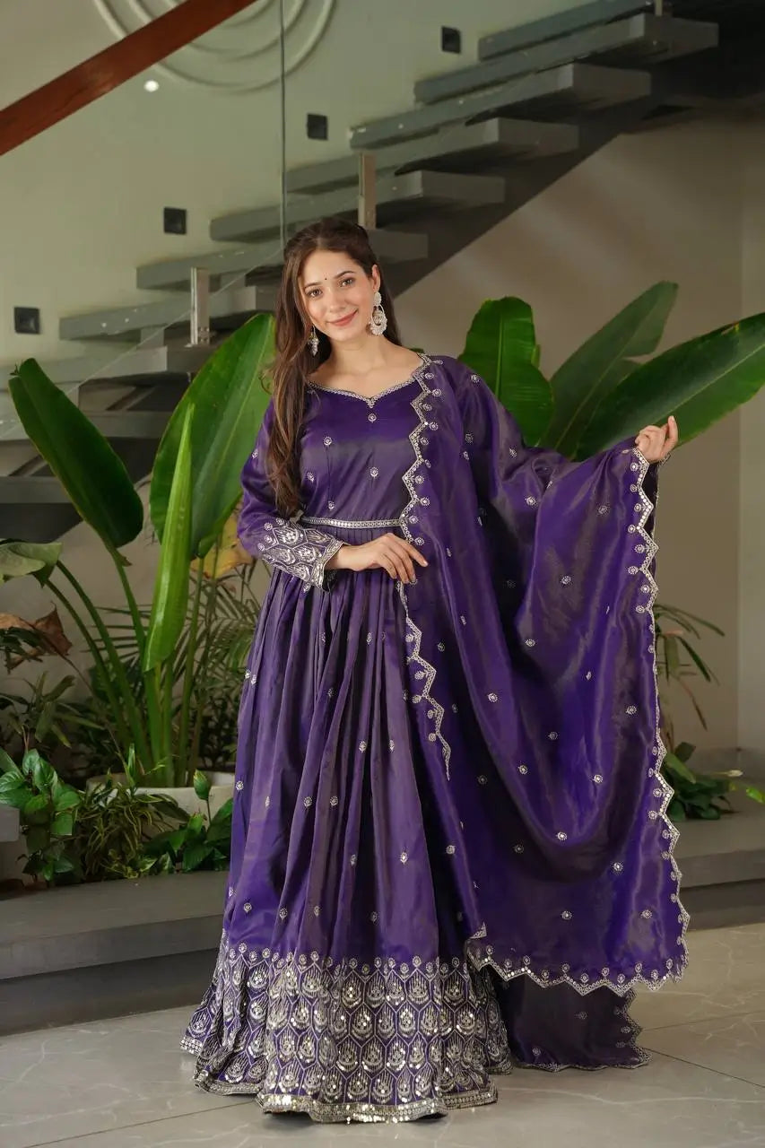 Elegant Heavy Shimmer Silk Gown with Dupatta – Embroidery Sequins Work, 3.5 Meter Flair, Fully Stitched