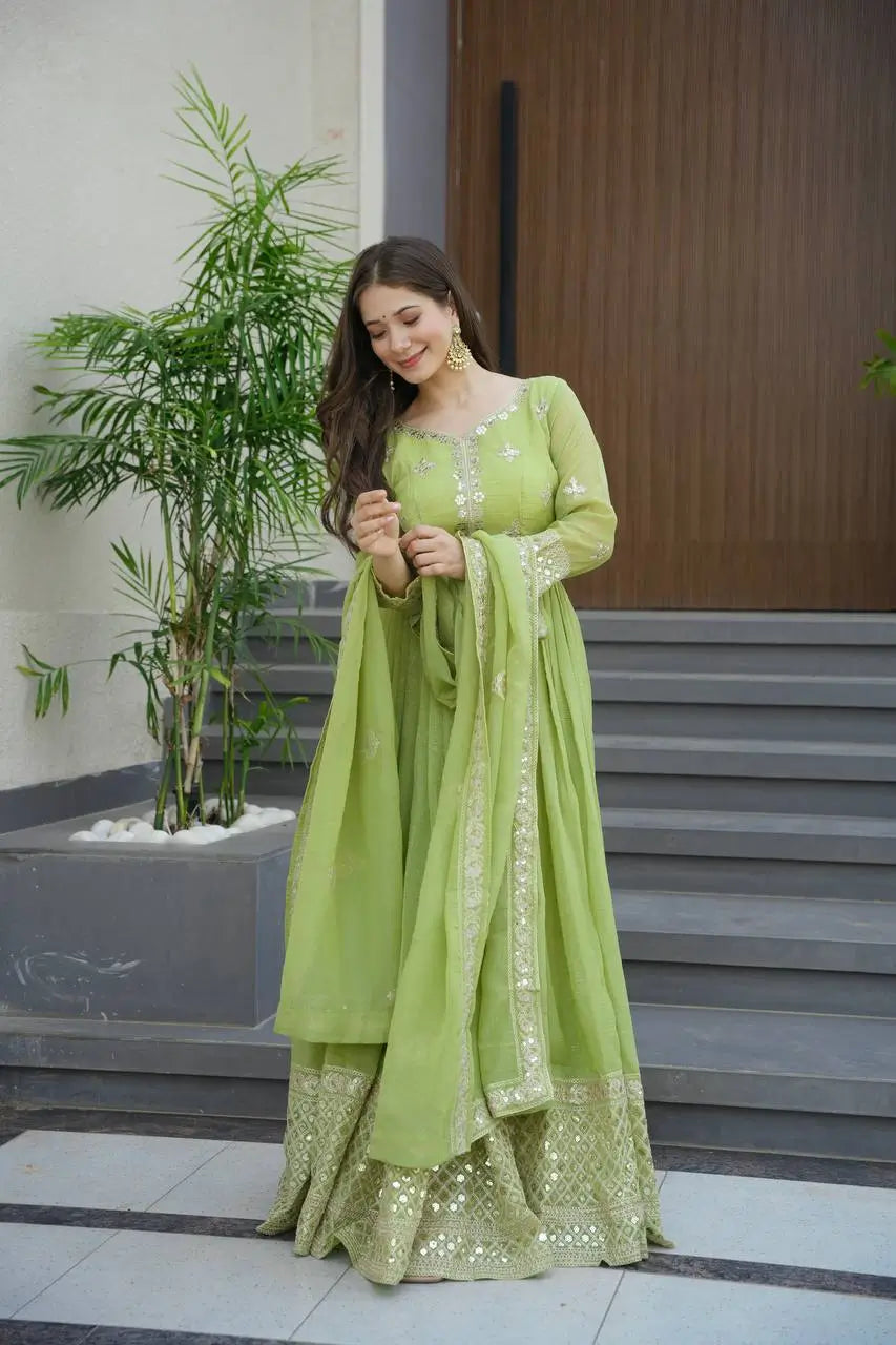 Elegant Heavy Shimmer Silk Gown with Dupatta – Embroidery Sequins Work, 3.5 Meter Flair, Fully Stitched