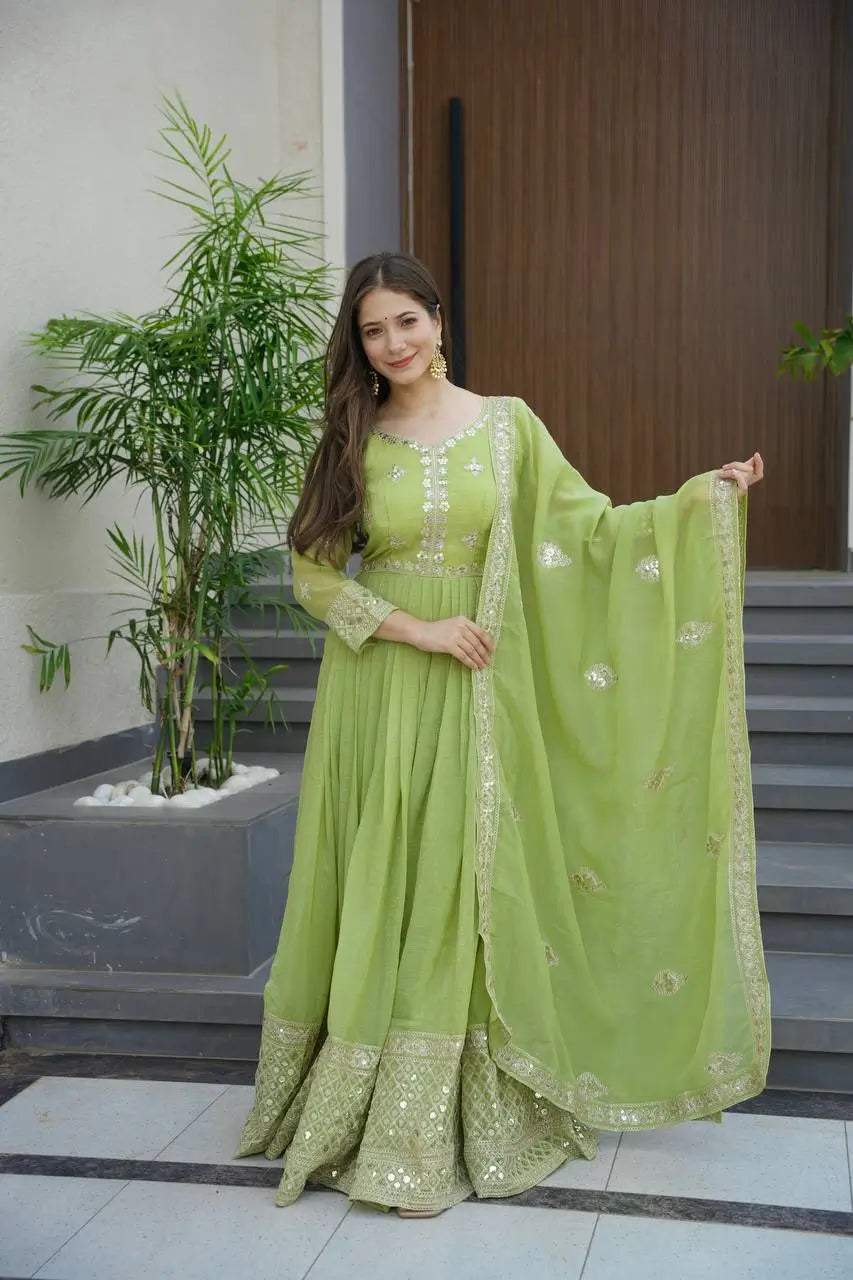 Elegant Heavy Shimmer Silk Gown with Dupatta – Embroidery Sequins Work, 3.5 Meter Flair, Fully Stitched