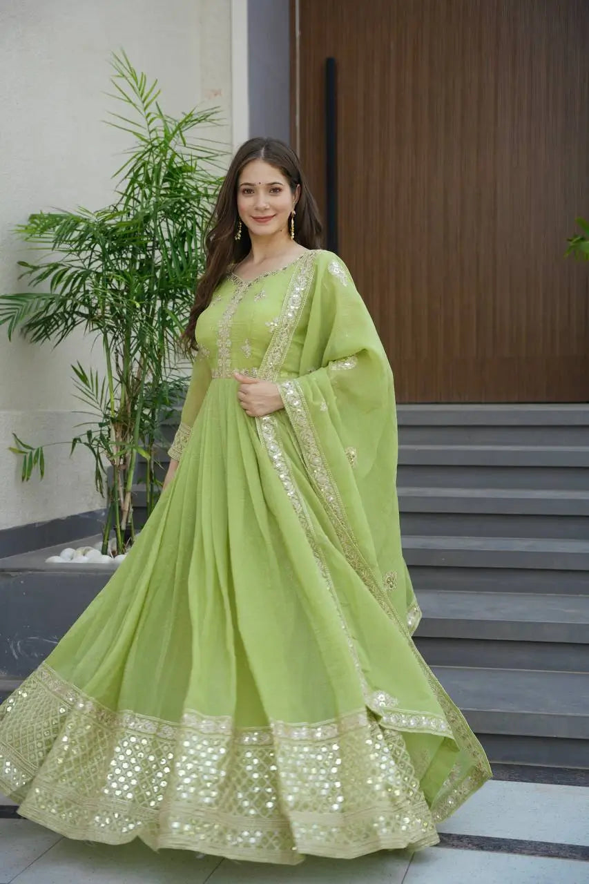 Elegant Heavy Shimmer Silk Gown with Dupatta – Embroidery Sequins Work, 3.5 Meter Flair, Fully Stitched