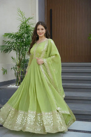 Elegant Heavy Shimmer Silk Gown with Dupatta – Embroidery Sequins Work, 3.5 Meter Flair, Fully Stitched