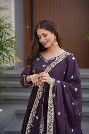 Elegant Heavy Shimmer Silk Gown with Dupatta – Embroidery Sequins Work, 3.5 Meter Flair, Fully Stitched