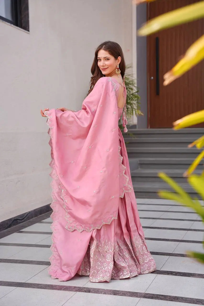 Elegant Heavy Shimmer Silk Gown with Dupatta – Embroidery Sequins Work, 3.5 Meter Flair, Fully Stitched