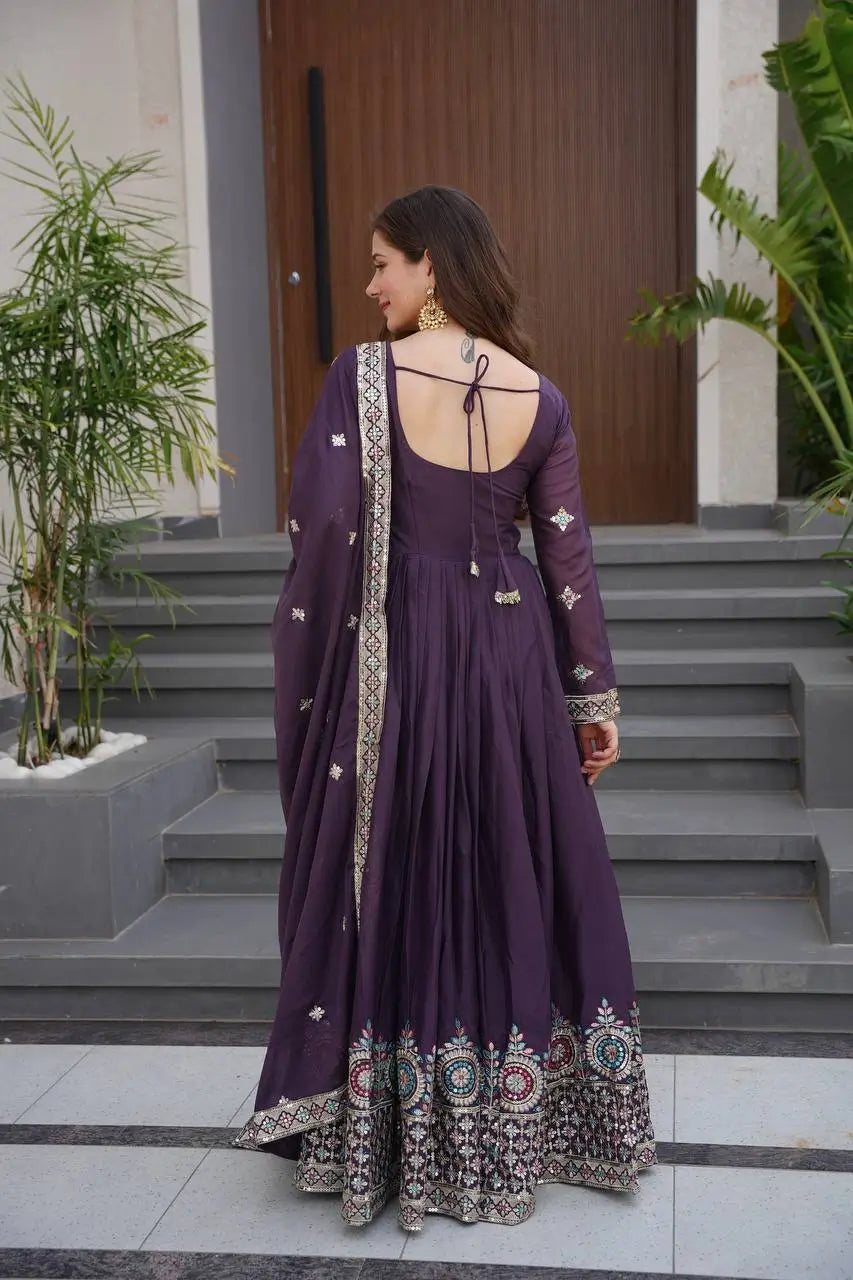 Elegant Heavy Shimmer Silk Gown with Dupatta – Embroidery Sequins Work, 3.5 Meter Flair, Fully Stitched
