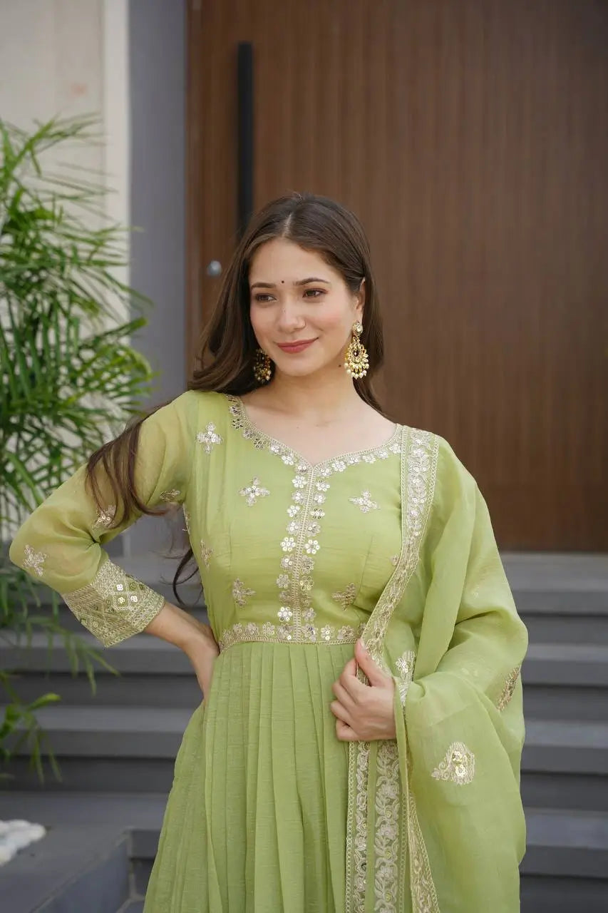 Elegant Heavy Shimmer Silk Gown with Dupatta – Embroidery Sequins Work, 3.5 Meter Flair, Fully Stitched