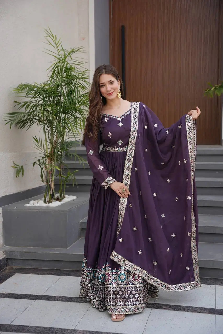 Elegant Heavy Shimmer Silk Gown with Dupatta – Embroidery Sequins Work, 3.5 Meter Flair, Fully Stitched