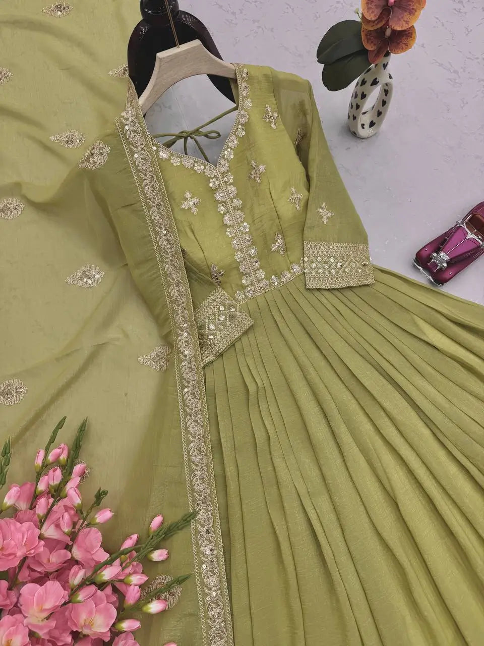 Elegant Heavy Shimmer Silk Gown with Dupatta – Embroidery Sequins Work, 3.5 Meter Flair, Fully Stitched