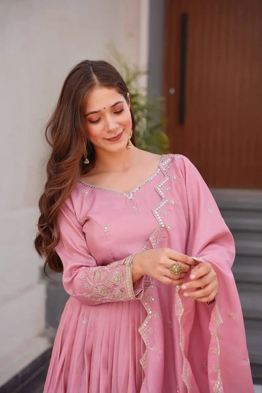 Elegant Heavy Shimmer Silk Gown with Dupatta – Embroidery Sequins Work, 3.5 Meter Flair, Fully Stitched