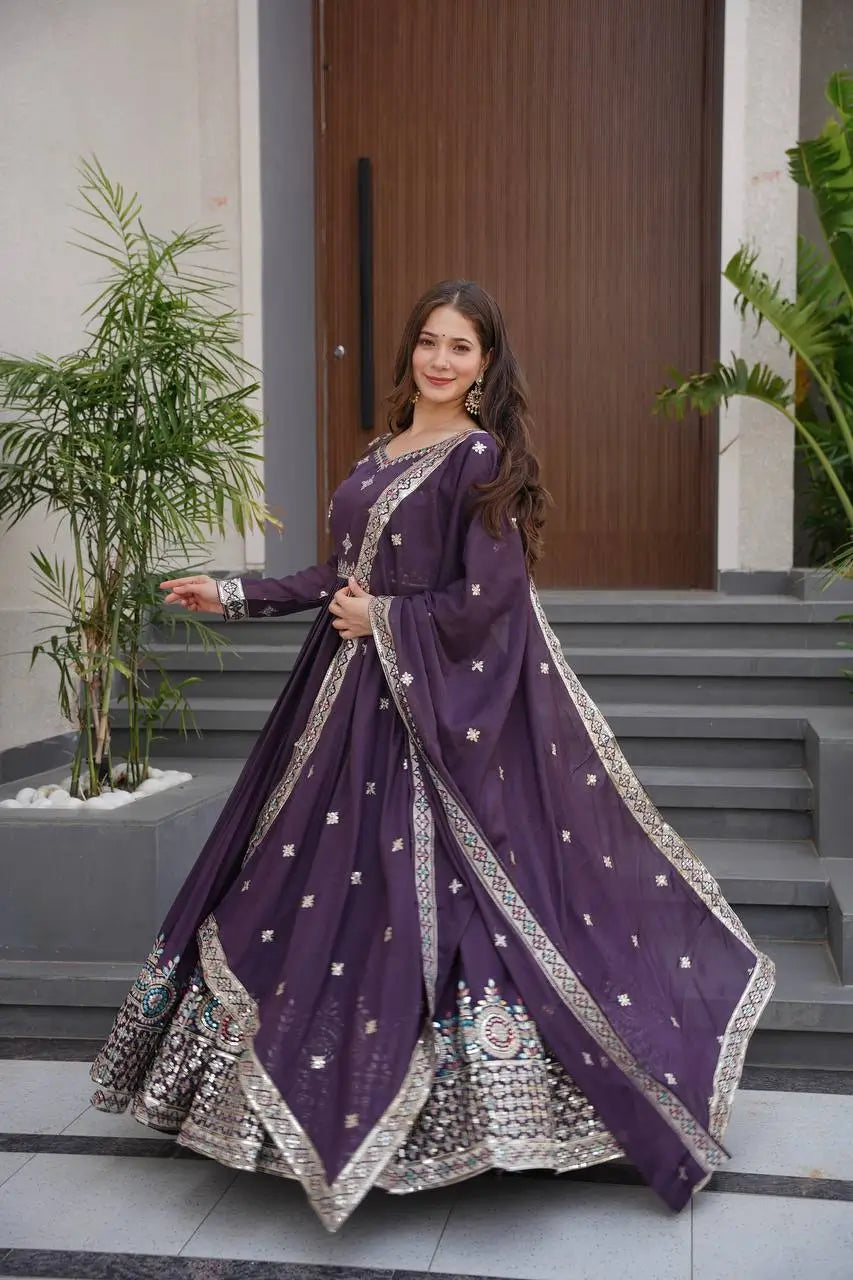Elegant Heavy Shimmer Silk Gown with Dupatta – Embroidery Sequins Work, 3.5 Meter Flair, Fully Stitched