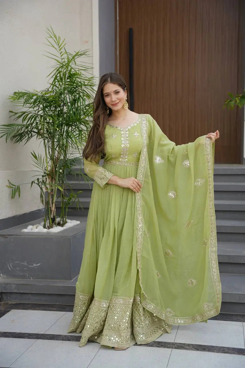 Elegant Heavy Shimmer Silk Gown with Dupatta – Embroidery Sequins Work, 3.5 Meter Flair, Fully Stitched