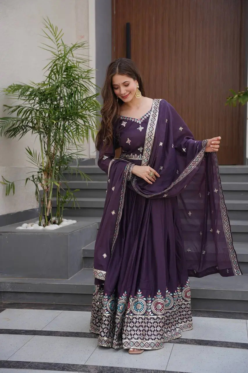 Elegant Heavy Shimmer Silk Gown with Dupatta – Embroidery Sequins Work, 3.5 Meter Flair, Fully Stitched