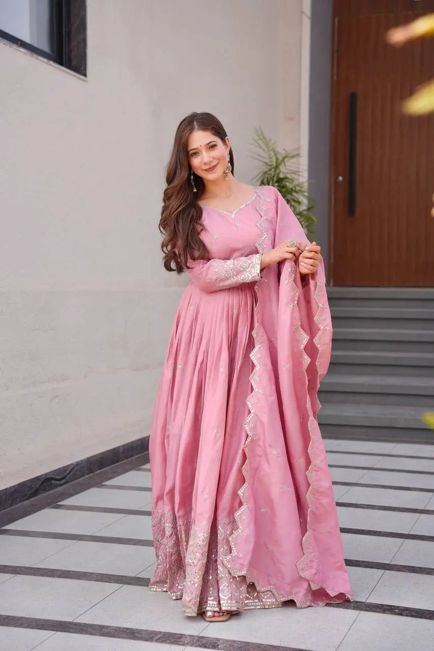 Elegant Heavy Shimmer Silk Gown with Dupatta – Embroidery Sequins Work, 3.5 Meter Flair, Fully Stitched