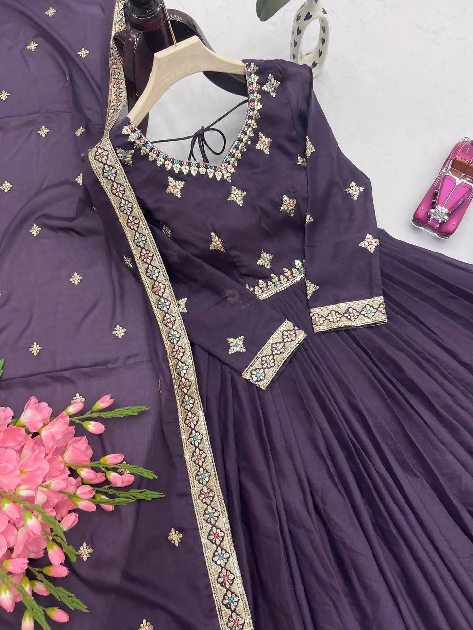 Elegant Heavy Shimmer Silk Gown with Dupatta – Embroidery Sequins Work, 3.5 Meter Flair, Fully Stitched