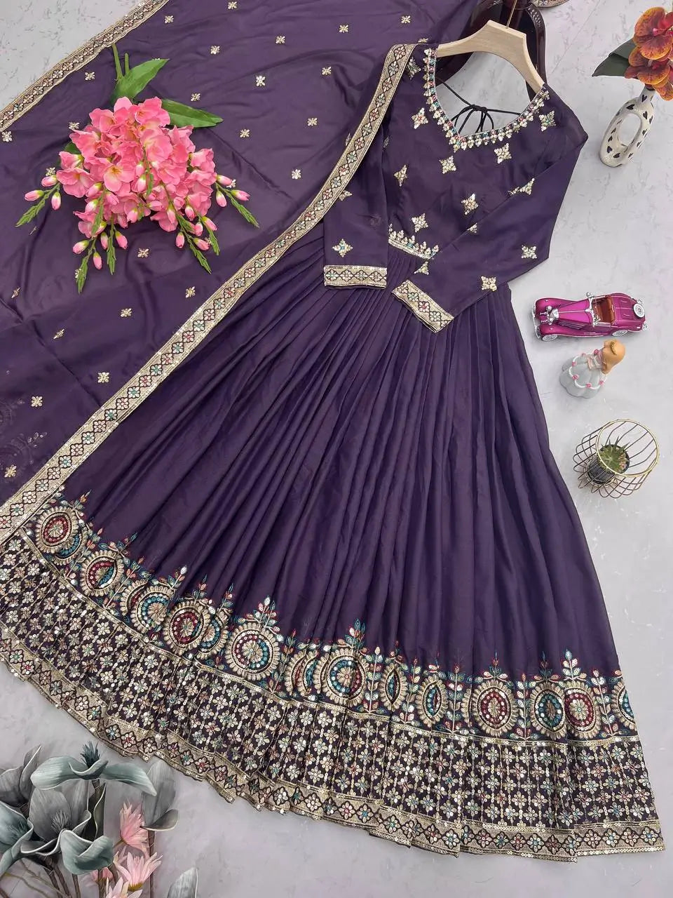 Elegant Heavy Shimmer Silk Gown with Dupatta – Embroidery Sequins Work, 3.5 Meter Flair, Fully Stitched