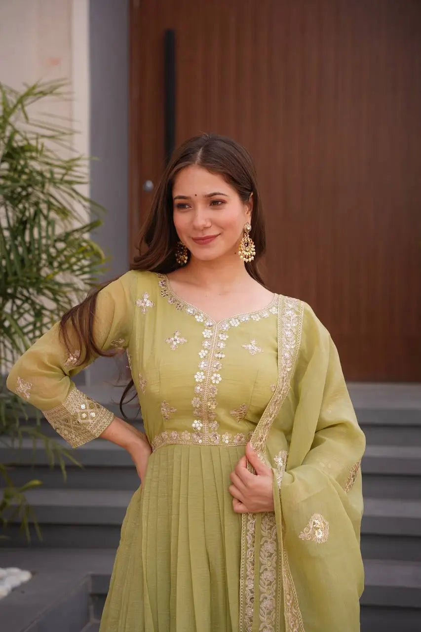 Elegant Heavy Shimmer Silk Gown with Dupatta – Embroidery Sequins Work, 3.5 Meter Flair, Fully Stitched