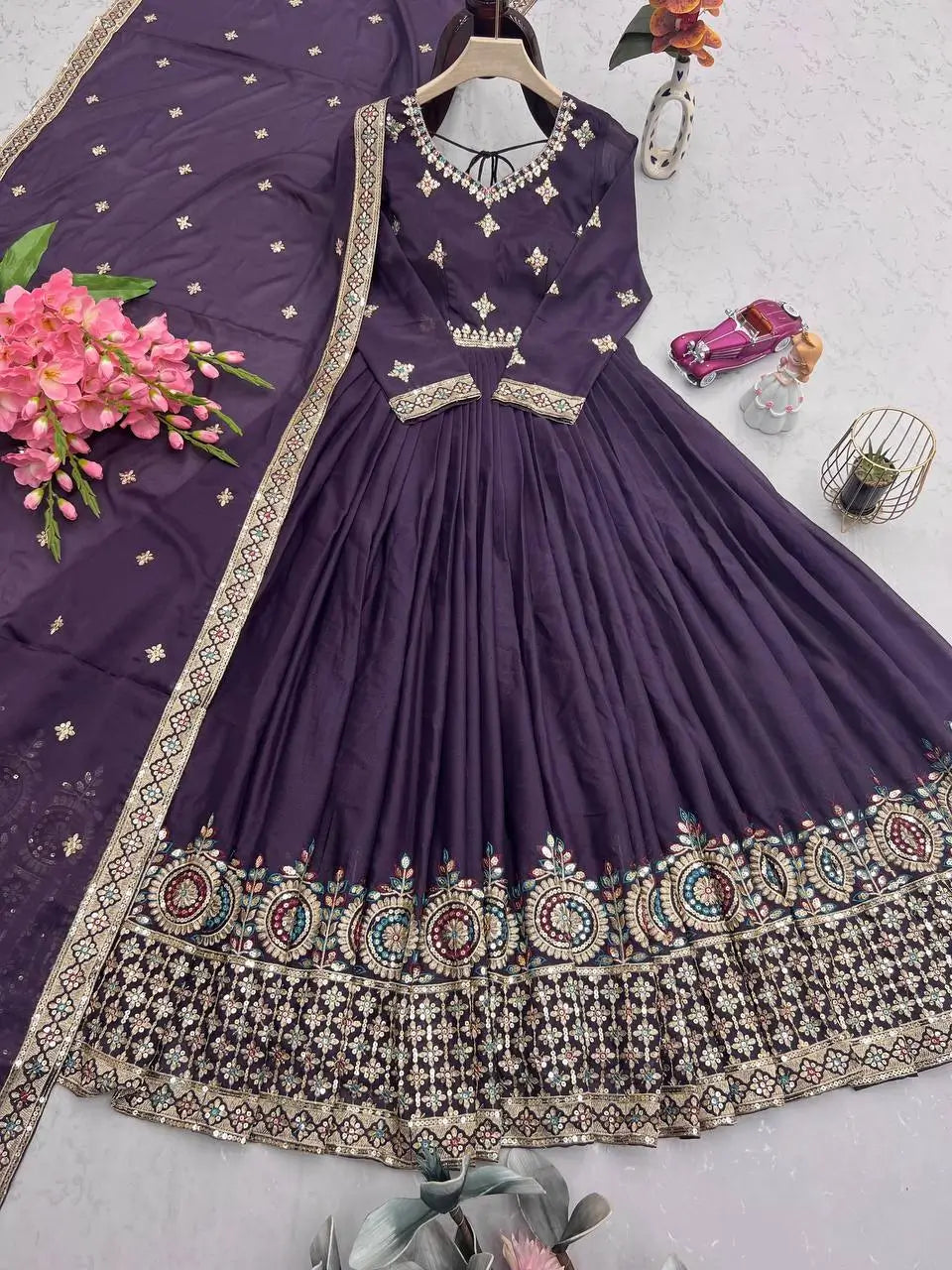 Elegant Heavy Shimmer Silk Gown with Dupatta – Embroidery Sequins Work, 3.5 Meter Flair, Fully Stitched