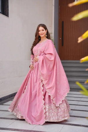 Elegant Heavy Shimmer Silk Gown with Dupatta – Embroidery Sequins Work, 3.5 Meter Flair, Fully Stitched