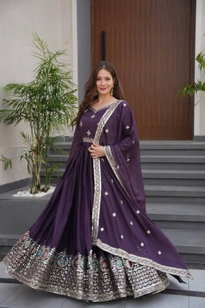 Elegant Heavy Shimmer Silk Gown with Dupatta – Embroidery Sequins Work, 3.5 Meter Flair, Fully Stitched